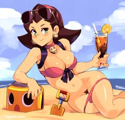 Rule 34 | 1girl, artist name, bare arms, bare shoulders, beach, bikini, bikini pull, blue sky, breasts, brown hair, brown pubic hair, capcom, clothes pull, cloud, collar, commentary, cup, day, drink, drinking glass, drinking straw, earrings, elbow rest, english commentary, eyewear on head, female pubic hair, green eyes, holding, holding cup, jewelry, large breasts, long hair, looking at viewer, mega man (series), mega man legends (series), navel, outdoors, paid reward available, pink bikini, pink collar, pubic hair, sand, sky, smile, solo, squeezable (squeezabledraws), sunglasses, swimsuit, tron bonne (mega man), water
