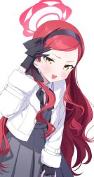 Rule 34 | 1girl, black bow, black gloves, black hairband, blue archive, blush, bow, dress, forehead, gloves, grey dress, hairband, halo, highres, ikanyoikanikan, jacket, long hair, long sleeves, open mouth, parted bangs, red hair, solo, sweat, takane (blue archive), wavy hair, white background, white jacket, yellow eyes