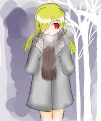 Rule 34 | 1girl, :o, blonde hair, blush, coat, female focus, flying snail, hair over one eye, highres, long hair, open mouth, outdoors, red eyes, scarf, sketch, solo, standing, tree, winter
