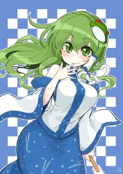 Rule 34 | 1girl, azumaya toushirou, bad id, bad pixiv id, bare shoulders, blouse, blush, breasts, commentary request, detached sleeves, frog hair ornament, gohei, green eyes, green hair, hair ornament, hair tubes, hand to own mouth, highres, hip focus, kochiya sanae, large breasts, long hair, long skirt, looking at viewer, oonusa, shirt, skirt, smile, snake hair ornament, solo, tight clothes, touhou, vest, wide sleeves