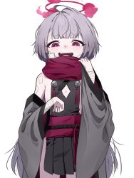 Rule 34 | 1girl, absurdres, ahoge, bandaged arm, bandages, bigmt kid, blue archive, blush, clothing cutout, cowboy shot, gauze, gauze on cheek, grey hair, halo, highres, long hair, looking at viewer, official alternate costume, open mouth, red eyes, red halo, red scarf, scarf, shuro (blue archive), simple background, smile, solo, white background