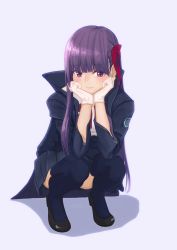 Rule 34 | 10s, 1girl, absurdres, bb (fate), bb (fate/extra), black footwear, black skirt, black thighhighs, blunt bangs, blush, choco lemon, closed mouth, convenient leg, emblem, fate/extra, fate/extra ccc, fate (series), gloves, hair ribbon, hands on own cheeks, hands on own face, highres, long hair, long sleeves, looking at viewer, miniskirt, open clothes, purple background, purple eyes, purple hair, red ribbon, ribbon, shoes, simple background, single sidelock, skirt, smile, solo, squatting, thighhighs, very long hair, white gloves