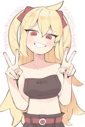 Rule 34 | 1girl, ahoge, bandeau, bare arms, bare shoulders, belt, black nails, black pants, blonde hair, blush, breasts, copyright name, double v, grin, hands up, highres, kamo (kamonabe 44), long hair, looking at viewer, midriff, nayu (tensai majo no maryoku kare), no navel, pants, red eyes, ringed eyes, simple background, small breasts, smile, solo, tensai majo no maryoku kare, v, white background