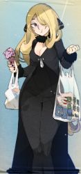 Rule 34 | 1girl, bag, black coat, black legwear, black shirt, blonde hair, breasts, cleavage, coat, creatures (company), cynthia (pokemon), food, full mouth, game freak, groceries, grocery bag, highres, ice cream, idkuroi, nintendo, one eye covered, pokemon, pokemon (anime), pokemon dppt, pokemon dppt (anime), shirt, shopping bag, sweat