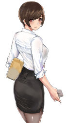 Rule 34 | 1girl, ass, bag, black pantyhose, black skirt, blush, brown eyes, brown hair, cellphone, commentary, cowboy shot, dress shirt, from behind, handbag, highres, holding, light smile, looking at viewer, looking back, norman maggot, office lady, olive laurentia, original, pantyhose, pencil skirt, phone, pixie cut, shirt, shirt tucked in, short hair, simple background, skirt, smartphone, solo, standing, thighs, white background, white shirt