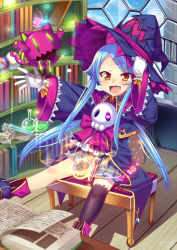 Rule 34 | &gt;:d, 1girl, :d, artist name, bad id, bad pixiv id, blue hair, blush, book, bookshelf, cape, child, fang, flask, gem, gloves, hand on headwear, hat, heart, long hair, magic, matatabi maru, open book, open mouth, original, outstretched arm, over-kneehighs, paper, pleated skirt, round-bottom flask, sidelocks, single over-kneehigh, single thighhigh, sitting, skirt, skull, smile, test tube, thighhighs, v-shaped eyebrows, very long hair, white gloves, witch, witch hat, wooden floor, yellow eyes