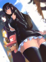 Rule 34 | 1girl, 2others, absurdres, alternate form, arm at side, ass, bag, black dress, black hair, black thighhighs, blue eyes, blurry, blurry background, breasts, day, dress, dutch angle, eyelashes, frilled dress, frills, from below, hand up, hat, highres, large breasts, lips, long hair, long sleeves, looking back, mask, multiple others, nico robin, one piece, opalis, outdoors, parted lips, reindeer, short dress, smile, solo focus, tan, thighhighs, tony tony chopper, twisted torso, underbutt, v-neck