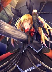 Rule 34 | 1girl, arc system works, artist request, bdsm, bell, blazblue, blonde hair, blush, bondage, bound, gothic lolita, hair ribbon, highres, lolita fashion, long hair, open mouth, rachel alucard, red eyes, restrained, ribbon, rope, ryona, saliva, tears, tongue, torture, twintails, wince