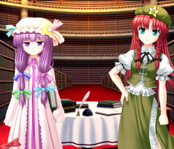 Rule 34 | 2girls, book, bow, fake screenshot, female focus, hong meiling, library, long hair, low-tied long hair, multiple girls, patchouli knowledge, pink bow, totokichi, touhou, voile