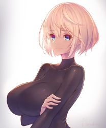 Rule 34 | 1girl, blonde hair, breast hold, breasts, covered collarbone, fingernails, gradient background, highres, large breasts, long sleeves, looking at viewer, original, short hair, sidelocks, signature, simple background, smile, solo, takamine nadare, turtleneck, upper body