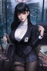 Rule 34 | 1girl, black hair, blue archive, blunt bangs, breasts, commentary, desk, english commentary, halo, highres, holding, holding pen, holding tablet pc, large breasts, long hair, looking at viewer, nose, office, pantyhose, parted lips, pen, red eyes, rio (blue archive), sciamano240, solo, sweater, tablet pc, turtleneck, turtleneck sweater, very long hair, window