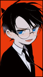 Rule 34 | 1boy, akio (89e), black border, black hair, black necktie, black suit, blue eyes, border, collared shirt, commentary request, edogawa conan, formal, glasses, jacket, layered clothes, looking at viewer, male focus, meitantei conan, necktie, open mouth, red background, rimless eyewear, shirt, simple background, solo, suit, suit jacket, upper body, white shirt, wing collar