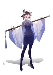 Rule 34 | 1girl, absurdres, black hair, blue dress, blue footwear, blue pantyhose, blue theme, boots, breasts, china dress, chinese clothes, dlgeria, dress, flower, full body, hair flower, hair ornament, hair ribbon, hands up, head tilt, highres, holding, holding sword, holding weapon, index finger raised, jacket, legs apart, long sleeves, looking at viewer, original, outstretched arms, pantyhose, ribbon, round eyewear, shadow, short dress, simple background, smile, solo, standing, sunglasses, sword, toggles, updo, w arms, weapon, white background, white flower, white jacket, wide sleeves