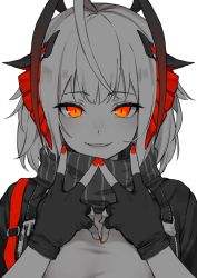 Rule 34 | 1girl, ahoge, antenna hair, arknights, black gloves, fingerless gloves, gloves, grin, hand gesture, highres, horns, looking at viewer, medium hair, megalateo, nail polish, orange eyes, parted lips, red nails, scarf, shirt, smile, solo, spot color, strap, taut clothes, taut shirt, w (arknights), white background