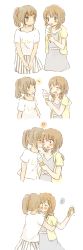 Rule 34 | 2girls, 4koma, :&lt;, blush, brown eyes, brown hair, kissing cheek, comic, dress, eating, closed eyes, food, foomi, green eyes, hair ornament, heart, highres, hug, ice cream, ice cream cone, kiss, licking, looking at another, multiple girls, original, ponytail, scrunchie, sequential, short hair, silent comic, skirt, standing, surprised, white background, yuri