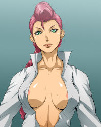 Rule 34 | 1girl, areola slip, baanin, blouse, braid, breasts, capcom, collared shirt, covered erect nipples, crimson viper, gradient background, green eyes, large breasts, no bra, open clothes, open shirt, pink hair, pompadour, shirt, single braid, solo, street fighter, street fighter iv (series), sweat, white shirt