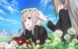 Rule 34 | 2girls, :d, black hairband, black jacket, blue sky, blurry, blurry foreground, character request, cloud, day, dress, eydis (sao), flower, grey hair, hair between eyes, hairband, hand on another&#039;s head, head wreath, jacket, long dress, long hair, long sleeves, mary (sao), mountainous horizon, multiple girls, open clothes, open jacket, open mouth, outdoors, red dress, red eyes, siblings, sisters, sitting, sky, smile, sword art online, sword art online: alicization, white flower