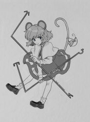 Rule 34 | 1girl, absurdres, animal, animal ears, capelet, dowsing rod, dress, full body, greyscale, highres, kamenozoki momomo, long sleeves, monochrome, mouse (animal), mouse ears, mouse tail, nazrin, one-hour drawing challenge, open mouth, shoes, short hair, signature, simple background, socks, solo, tail, touhou, twitter username, white background