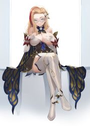 Rule 34 | 1girl, absurdres, armor, blonde hair, blush, breasts, breasts out, corset, cosplay, crossed legs, detached sleeves, fire emblem, flower, glasses, grabbing own breast, green eyes, hand on own chest, highres, large breasts, nintendo, original, palla (fire emblem), ritdelba, sitting, smile, teasing, teeth, thighhighs, undressing, white background, white thighhighs