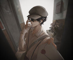 Rule 34 | 1boy, adjusting eyewear, aki4421, amon (lord of the mysteries), bag, black eyes, black hair, brown headwear, chinese commentary, commentary request, dark, door, doormat, entrance, fingernails, flower, highres, holding, holding letter, letter, lord of the mysteries, male focus, monocle, outdoors, parted lips, shaded face, shirt, short hair, smile, solo, suspenders, teeth, vase, white shirt