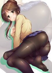 Rule 34 | 1girl, :o, absurdres, ass, black pantyhose, blue skirt, blush, brown cardigan, brown eyes, brown hair, cardigan, commentary request, feet, foot out of frame, hair bun, highres, idolmaster, idolmaster cinderella girls, long sleeves, looking at viewer, lying, ment, on side, open mouth, panties, panties under pantyhose, pantyhose, pink panties, ponytail, single hair bun, skirt, solo, swept bangs, takamori aiko, thighs, toes, underwear, zoom layer