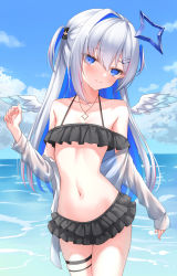 Rule 34 | 1girl, absurdres, amane kanata, amane kanata (work), angel wings, arm at side, bare shoulders, bikini, bikini skirt, black bikini, blue hair, blue sky, blush, breasts, cloud, collarbone, colored inner hair, cowboy shot, day, feathered wings, frilled bikini, frills, grey hair, hair ornament, hairclip, halo, halterneck, hand up, head tilt, highres, hololive, horizon, jewelry, lis 111, long hair, long sleeves, looking at viewer, multicolored hair, navel, necklace, ocean, off-shoulder bikini, off shoulder, open clothes, open shirt, outdoors, sidelocks, skindentation, sky, small breasts, smile, solo, standing, star (symbol), star halo, star necklace, stomach, streaked hair, swimsuit, thigh strap, thighs, two-tone hair, two side up, very long hair, virtual youtuber, water, white wings, wings