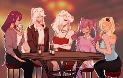 5girls bar_(place) bare_shoulders belt black_belt black_jacket black_nails black_pants blonde_hair breasts closed_eyes collared_shirt cup dress earrings from_behind genshin_impact hair_over_one_eye hautecleare highres holding holding_cup jacket jean_(genshin_impact) jewelry keqing_(genshin_impact) large_breasts long_hair low-braided_long_hair low-tied_long_hair multiple_girls necklace ningguang_(genshin_impact) pants ponytail purple_hair purple_shirt purple_thighhighs raiden_shogun red_dress shirt signora_(genshin_impact) single_earring stool table thighhighs white_hair white_shirt