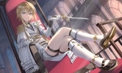 Rule 34 | 1girl, ahoge, aiguillette, blonde hair, blue eyes, commentary request, copyright request, crossed legs, dagger, epaulettes, fringe trim, gloves, highres, holding, holding dagger, holding knife, holding weapon, indoors, knife, looking at viewer, police, short hair with long locks, single epaulette, sitting, solo, tassel, tsuki-shigure, weapon, white gloves