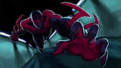 Rule 34 | 1boy, absurdres, blurry, blurry background, commentary, foreshortening, highres, male focus, marvel, mask, muscular, muscular male, reaching, reaching towards viewer, solo, spider-man: across the spider-verse, spider-man (2099), spider-man (series), spider-verse, superhero costume, titann