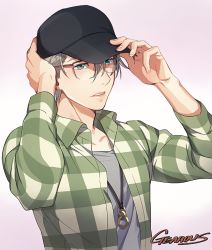 Rule 34 | 1boy, adjusting clothes, adjusting headwear, artist name, baseball cap, bespectacled, blue eyes, gearous, glasses, hat, jewelry, male focus, necklace, parted lips, plaid, plaid shirt, shirt, silver hair, solo, viktor nikiforov, yuri!!! on ice