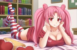 Rule 34 | 1girl, :q, aged up, alternate costume, bare shoulders, bed, bishoujo senshi sailor moon, blush, book, bookshelf, breasts, casual, chibi usa, cleavage, commentary, commission, cone hair bun, double bun, english commentary, full body, hair bun, hands up, heart, heart-shaped pillow, highres, indoors, kazenokaze, large breasts, legs up, long hair, looking at viewer, lying, no pants, no shoes, off-shoulder shirt, off shoulder, on stomach, pillow, pink hair, red eyes, red shirt, red thighhighs, shirt, short sleeves, skindentation, smile, solo, striped clothes, striped thighhighs, t-shirt, thighhighs, thighs, tongue, tongue out, twintails, white thighhighs