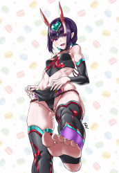 Rule 34 | 1girl, barefoot, between labia, black fundoshi, black legwear, blush, bob cut, breasts, candy, chinese clothes, clothes lift, collarbone, detached sleeves, dudou, earrings, eyeliner, eyes visible through hair, f.w.zholic, fangs, fate/grand order, fate (series), feet, female focus, food, foot focus, forehead jewel, from below, fundoshi, gluteal fold, headpiece, heart, highres, hip focus, horns, japanese clothes, jewelry, looking at viewer, low twintails, macaron background, makeup, navel, oni, open mouth, pelvic curtain, pelvic curtain lift, pointy ears, purple eyes, purple hair, short eyebrows, short hair, short twintails, shuten douji (fate), shuten douji (fate/grand order), shuten douji (halloween caster) (fate), skin-covered horns, small breasts, smile, soles, solo, tabard, thighs, toeless legwear, toes, twintails, wedgie, white background