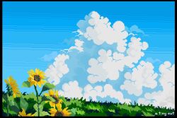 Rule 34 | artist name, atinynut, blue sky, cloud, flower, grass, highres, no humans, outdoors, pixel art, sky, studio ghibli, sunflower