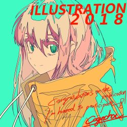 Rule 34 | 1girl, 2018, aqua background, cogecha, drawstring, flat color, green eyes, hair between eyes, highres, illustration.media, ligne claire, long hair, looking at viewer, original, pink hair, signature, simple background, solo, upper body