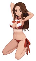 Rule 34 | 1girl, absurdres, armpits, arms up, bare arms, bare shoulders, barefoot, bikini, breasts, brown eyes, brown hair, character request, cleavage, cosplay, criss-cross halter, fate/grand order, fate (series), forehead, groin, halterneck, hand in own hair, highres, kneeling, large breasts, long hair, looking at viewer, navel, nero claudius (fate), nero claudius (fate) (all), nero claudius (swimsuit caster) (fate), nero claudius (swimsuit caster) (fate) (cosplay), parted bangs, red bikini, side-tie bikini bottom, solo, stomach, string bikini, striped bikini, striped clothes, swimsuit, thighs, yuri (chocho q)