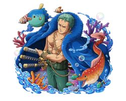 Rule 34 | 1boy, air bubble, blue coat, bubble, coat, coral, earrings, fish, green hair, green pants, jewelry, katana, looking at viewer, multiple weapons, official art, one eye closed, one piece, one piece treasure cruise, pants, puffer fish, roronoa zoro, scar, scar across eye, scar on chest, scar on face, short hair, sword, tropical fish, weapon