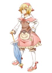 Rule 34 | 1girl, blonde hair, blue eyes, closed mouth, dress, flower, full body, hand on own hip, hat, long sleeves, looking at viewer, mishiro (andante), pantyhose, polka (trusty bell), short hair, simple background, solo, trusty bell, umbrella, white background