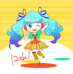 Rule 34 | 1girl, absurdly long hair, anniversary, aqua eyes, aqua hair, artist name, artist request, blue eyes, blue hair, blue neckwear, chibi, collared shirt, female focus, full body, gloves, hair ribbon, hatsune miku, headphones, headset, long hair, looking at viewer, one eye closed, puffy short sleeves, puffy sleeves, ribbon, shirt, short sleeves, skirt, solo, standing, standing on one leg, striped clothes, striped shirt, toubunhshs, twintails, v, very long hair, vocaloid, white gloves, yellow background, yellow skirt