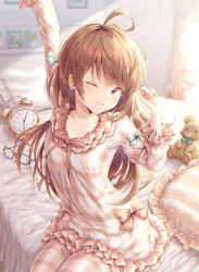 Rule 34 | 1girl, ahoge, alarm clock, arm up, bed, blue bow, blurry, bow, brown eyes, brown hair, clock, closed mouth, collarbone, commentary request, depth of field, unworn eyewear, frilled shirt, frilled sleeves, frills, hand up, hirokazu (analysis-depth), indoors, long hair, long sleeves, messy hair, on bed, one eye closed, orange bow, original, outstretched arm, pajamas, pants, pillow, plaid, plaid pajamas, plaid pants, plaid shirt, shirt, sitting, sleeve bow, solo, stretching, stuffed animal, stuffed toy, sunlight, teddy bear, waking up