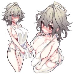 Rule 34 | 1futa, apron, blush, breasts, bulge, cropped legs, fate/apocrypha, fate (series), full body, futanari, grey hair, haoro, highres, large breasts, multiple views, nearly naked apron, panties, red eyes, seiza, sieg (fate), simple background, sitting, sweatdrop, thighhighs, underwear, white apron, white background, white panties, white thighhighs