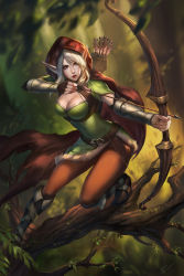 Rule 34 | 1girl, aiming, arrow (projectile), belt, belt buckle, boots, bow (weapon), branch, breasts, brown gloves, brown pants, buckle, chaosringen, cleavage, cleavage cutout, cloak, clothing cutout, drawing bow, dress, elbow gloves, elf, fingerless gloves, forest, full body, fur-trimmed boots, fur trim, gloves, green dress, hands up, high heel boots, high heels, highres, holding, holding bow (weapon), holding weapon, hood, hooded cloak, in tree, leaf, medium breasts, nature, nose, original, outdoors, pants, parted lips, pink lips, plant, pointy ears, purple eyes, quiver, red cloak, red hood, short sleeves, sidelocks, solo, tree, vambraces, weapon