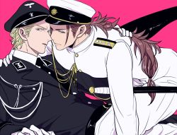 Rule 34 | 2boys, blonde hair, boots, brown hair, fire emblem, fire emblem fates, hat, imminent kiss, long hair, male focus, military, military hat, military uniform, multiple boys, necktie, nintendo, open mouth, pink background, pink eyes, purple eyes, ryoma (fire emblem), simple background, sword, u (lastcrime), uniform, weapon, xander (fire emblem), yaoi