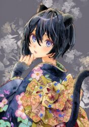 Rule 34 | 1girl, absurdres, animal ears, black hair, black kimono, black tail, cherry blossom print, floral print, from behind, grey background, hair between eyes, hand on own chin, hand up, highres, japanese clothes, kimono, looking at viewer, open mouth, original, painting (medium), purple eyes, short hair, solo, tail, tail raised, teeth, traditional media, turning head, upper body, upper teeth only, watercolor (medium), yuyuharu 1027
