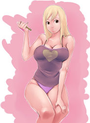 Rule 34 | 1girl, bare legs, bare shoulders, blonde hair, breasts, brown eyes, camisole, cleavage, fairy tail, hand on own knee, kyoffie, large breasts, legs together, long hair, lucy heartfilia, panties, pink panties, pinky out, smile, spaghetti strap, strap gap, tattoo, underwear, underwear only
