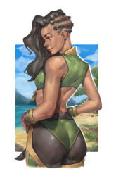 Rule 34 | 1girl, ass, bare shoulders, breasts, brown hair, crop top, dougi, from behind, highres, laura matsuda, lips, long hair, medium breasts, mick cortes, sleeveless, small breasts, solo, street fighter, street fighter v, water