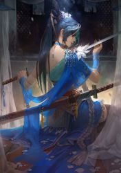 Rule 34 | 1girl, aqua hair, bandaged arm, bandages, black thighhighs, blue hair, braid, choker, closed mouth, from behind, high ponytail, highres, holding, holding sword, holding weapon, image sample, long hair, looking back, mu meiren, multicolored hair, original, profile, realistic, sheath, sheathed, sitting, solo, sword, thighhighs, two-tone hair, weapon
