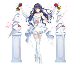 Rule 34 | 1girl, ankle bow, ankle ribbon, apple, back bow, banana, banner, bare shoulders, bell, blue hair, blush, bouquet, bow, bow choker, bowl, breasts, bridal gauntlets, choker, cleavage, closed mouth, closers, collarbone, column, crossed legs, curly hair, dress, eunha (closers), falling petals, flower, food, fruit, full body, garter straps, green eyes, hair ribbon, high heels, highres, holding, holding bouquet, lace, lace-trimmed dress, lace-trimmed thighhighs, lace trim, long hair, looking to the side, medium breasts, official art, outstretched arm, outstretched hand, petals, pillar, pink flower, pink rose, red flower, red rose, ribbon, rose, short dress, smile, solo, standing, strapless, strapless dress, tachi-e, thighhighs, two side up, watson cross, wedding dress, white background, white bow, white bridal gauntlets, white choker, white dress, white footwear, white ribbon, white thighhighs