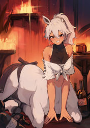 Rule 34 | 1girl, animal ears, arm support, bare shoulders, black skirt, blush, bodystocking, bottle, breasts, centaur, commentary request, cover, cover page, covered collarbone, grey hair, grin, hair between eyes, horse ears, indoors, lansane, long hair, looking at viewer, medium breasts, midriff, missing ear, monster girl, multiple legs, navel, novel cover, off-shoulder shirt, off shoulder, ponytail, red eyes, shirt, short sleeves, sidelocks, sitting, skirt, smile, solo, tan, tanline, taur, teeth, textless version, trpg player ga isekai de saikyou build wo mezasu, white shirt