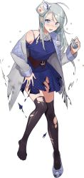 Rule 34 | 1girl, asymmetrical bangs, beans, blue hairband, depth charge, drew (drew213g), full body, hairband, jacket, kantai collection, long hair, mask, official art, open mouth, purple eyes, sagiri (kancolle), scarf, school uniform, setsubun, silver hair, skirt, solo, swept bangs, tears, thighhighs, torn clothes, torn thighhighs, transparent background