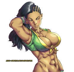 Rule 34 | 1girl, abs, arm up, armpits, asymmetrical hair, black hair, bottomless, bracelet, breasts, capcom, cornrows, dark-skinned female, dark skin, front-tie top, hair flip, jewelry, large breasts, laura matsuda, lips, long hair, mick cortes, muscular, muscular female, out-of-frame censoring, solo, street fighter, street fighter v, upper body, watermark, web address, white background